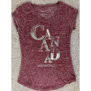 MRJ Canada Niagara Falls Graphic T-Shirt Burgundy Rhinestone V-Neck Small